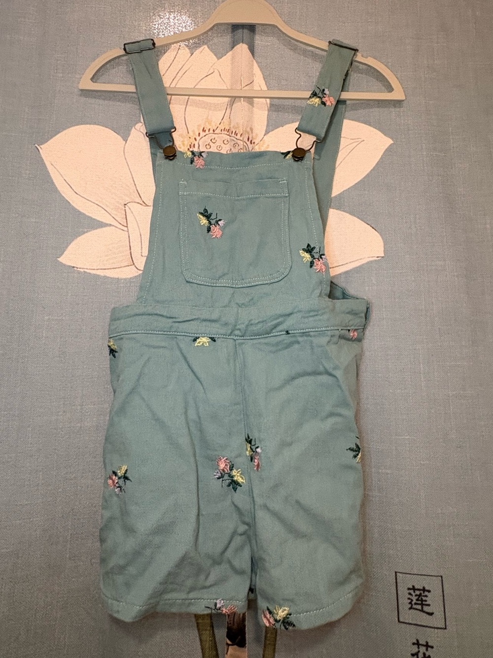 Cider Teal Floral Embroidered Short Overalls